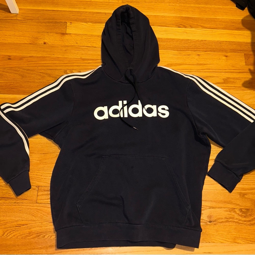 Adidas Men's Dark Blue Hoodie with White Stripes